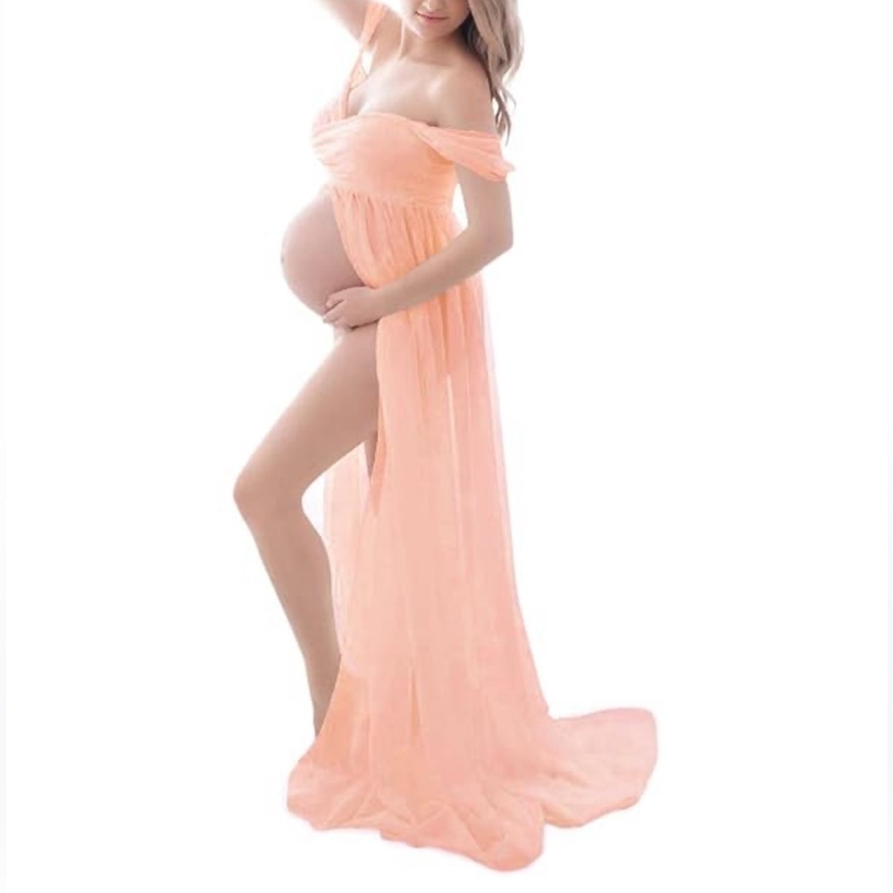 Peach Pink Off Shoulder Chiffon Maternity Gown Dress S Small - Picture 1 of 10